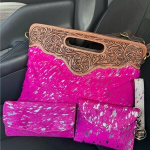 HOT PINK COWHIDE PURSE SET